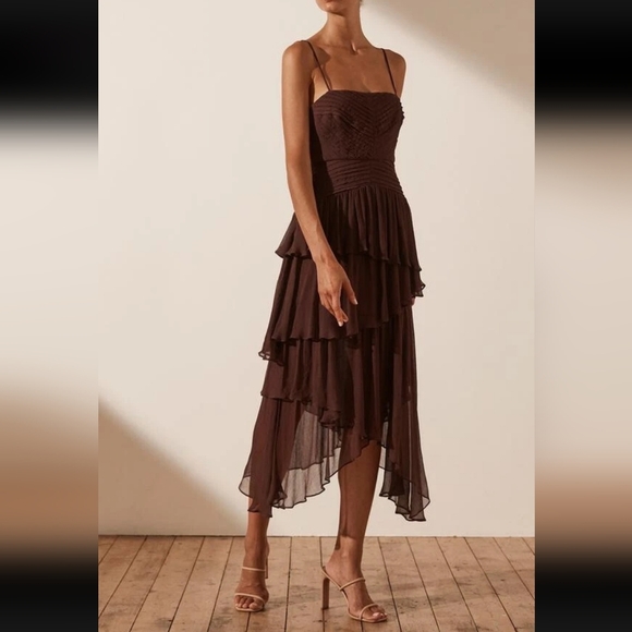 Shona Joy Burghundy Asymmetrical Ruffled Sundress - Picture 1 of 9